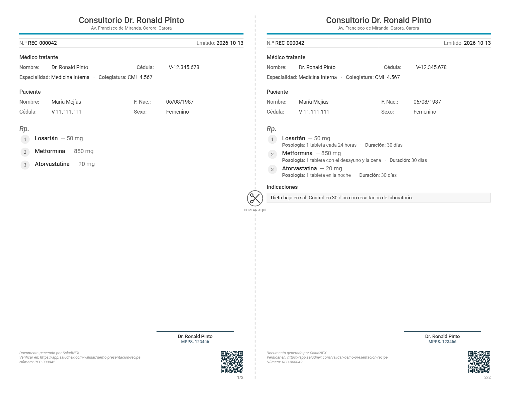 Récipe médico en PDF de SaludNEX: copia para la farmacia y copia con posología, con código QR de verificación